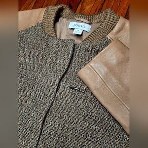 Fossil Size Medium M Wool Leather Bomber Zip Up Jacket Coat MSRP $350 B2